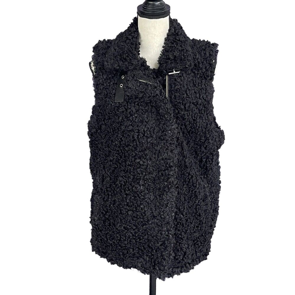 INC Small Faux Fur Vest Full-Zip Sleeveless Lined Pockets Collared Black New